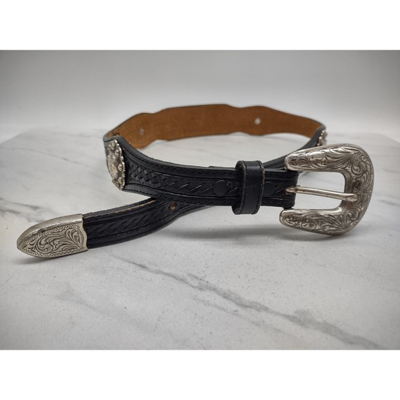 Vtg Tony Lama Black Belt Silver Concho Leather Belt Western Cowboy SIZE 26 main image 8